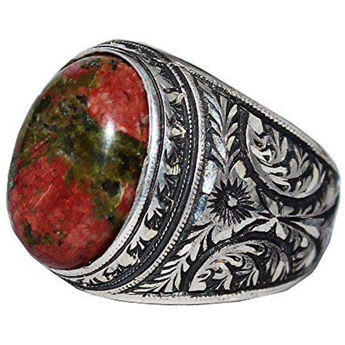 KAMBO Handmade 925 Sterling Silver Men’s Unakite Ring with Floral Art Deco Detailing – Vintage Statement Birthday Gift f