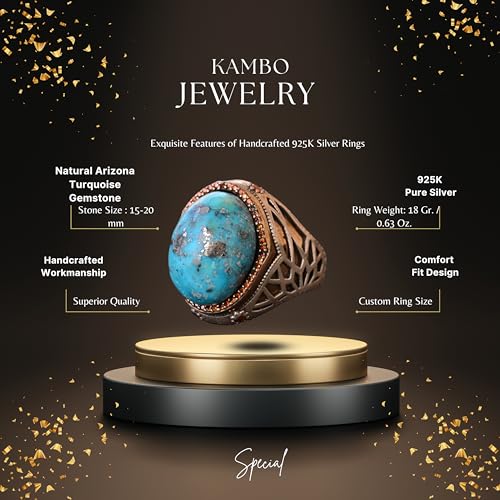 KAMBO Handmade Genuine Natural Arizona Turquoise 26.05 Carat Men's Minimalist Sultan Ring in 925 Sterling Silver, Vintag