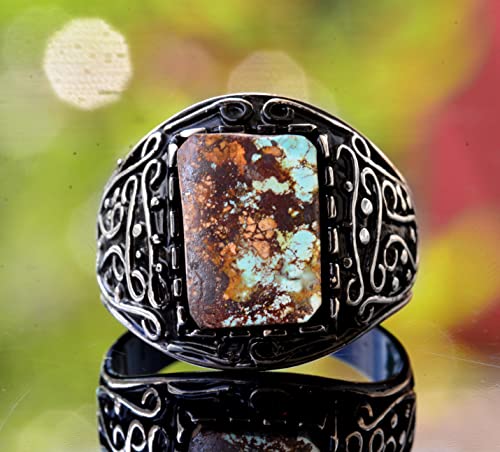 KAMBO Handmade 925 Sterling Silver Men's Ring with Real Arizona Turquoise Gemstone 6.10 Carat, Minimalist Vintage Statem