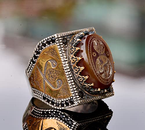 KAMBO Handmade 925 Sterling Silver Men's Ring with Natural Agate Gemstone, Islamic Engraved Art Deco Design, Vintage Rel