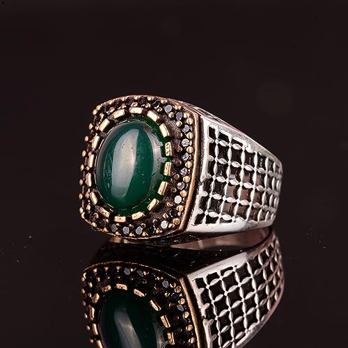 Falcon Jewelry Men's 925 Sterling Silver Ring, Natural Jade Gemstone (10)