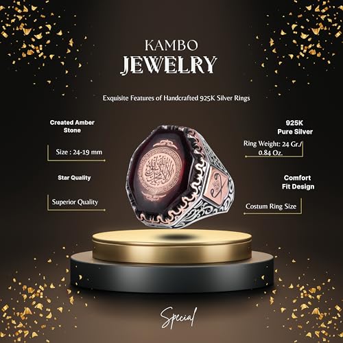 KAMBO Big Created Amber Stone Ring for Men – 925 Sterling Silver Islamic Ring with Shahada Inscription & Ottoman Tughra 