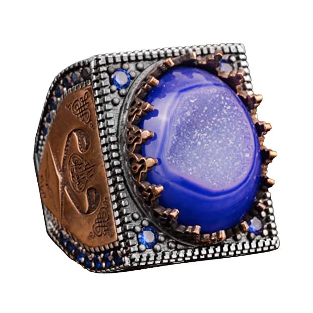 Natural Blue Druzy Quartz Stone Men's Ring