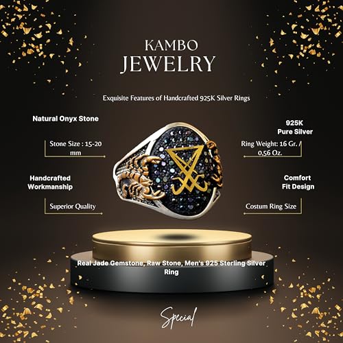 KAMBO Handcrafted Men's Scorpion Ring with Black Agate Gemstone, 925 Sterling Silver, Gold Plated, Intricate King Signet