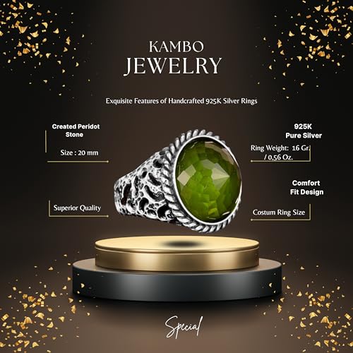 KAMBO Handmade 925 Sterling Silver Men's Peridot Stone Ring Minimalist Vintage Statement Jewelry Elegant Designer Band