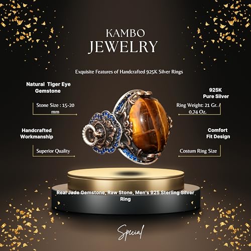 KAMBO Handmade 925 Sterling Silver Men's Ring with Genuine Tiger Eye Gemstone, Vintage Lion Design, Gold Plated Statemen