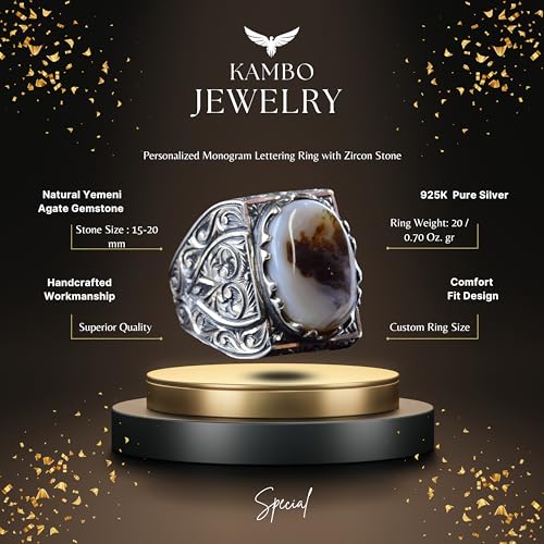 KAMBO Natural Agate 925 Sterling Silver Men's Ring with Yemeni Stone, Intricate Engraved Design, Large Bold Unique Patte