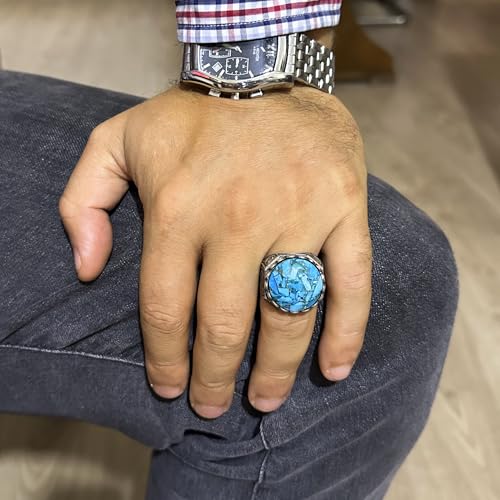 KAMBO Handmade 925 Sterling Silver Men's Ring with Genuine Natural Turquoise Stone, Ornate Vintage Design, Modern Statem