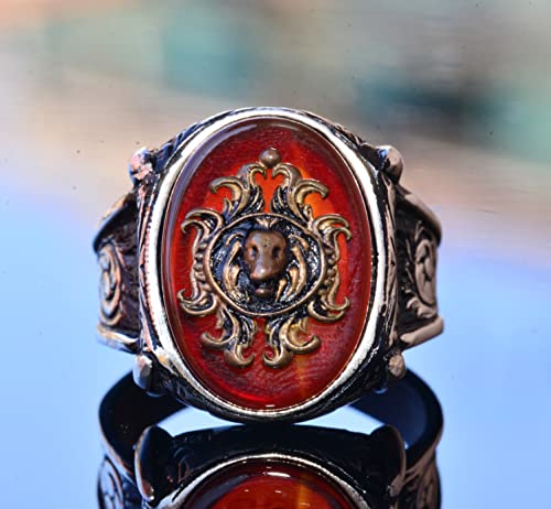 925 Sterling Silver Men's Ring with Created Agate Stone - Lion Symbol Design, Bold and Majestic