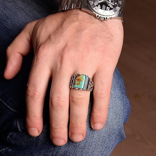 Genuine Natural Arizona Turquoise Stone Ring - Silver Ring - Special Silver Ring (Style-8) — 3