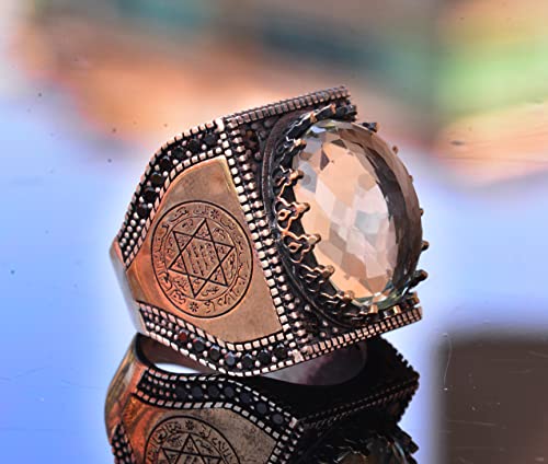 KAMBO Handmade 925 Sterling Silver Men’s Ring with Genuine Natural Citrine Gemstone, Solomon Seal Design, Vintage Statem