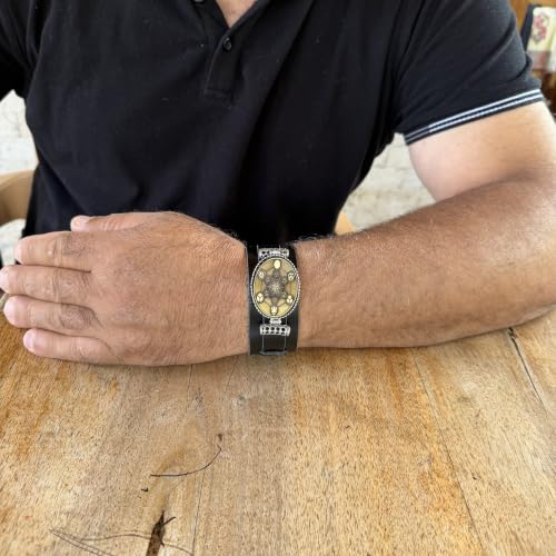 KAMBO Genuine Leather Cuff Bracelet for Men, Metatron Cube Symbol Medallion in 925 Sterling Silver Frame, Handmade Wide 