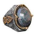 Handmade Vintage Design Emerald Ring - 925 Sterling Silver Men's Ring with Gold Accents (Emerald)