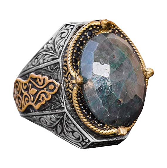 Handmade Vintage Design Emerald Ring - 925 Sterling Silver Men's Ring with Gold Accents (Emerald)