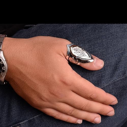 KAMBO Handmade 925 Sterling Silver Islamic Thumb Ring for Men, Adjustable Arabic Design with Created Turquoise Stone, Mi