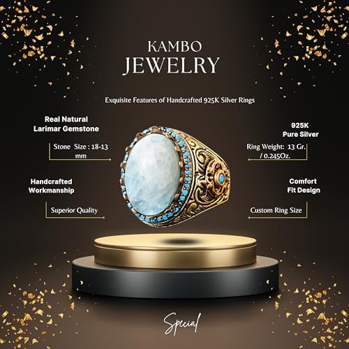 KAMBO Handmade 925 Sterling Silver Larimar Gemstone King Ring for Men, Vintage Art Deco Statement Jewelry, Natural Blue 