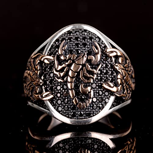 Natural Onyx Gemstone Handcrafted Men's 925K Sterling Silver Ring, Unique Scorpion Animal Design, Scorpio Zodiac Ring, P
