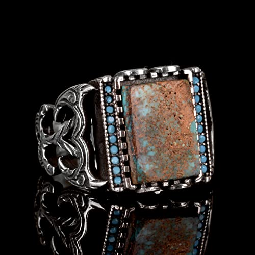 KAMBO Handmade Men's Sterling Silver Ring with Genuine Natural Arizona Turquoise Gemstone - Vintage Style-6 Statement Ri