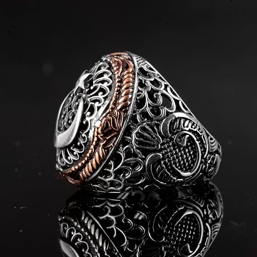 KAMBO Handmade 925 Sterling Silver Moon and Star Ring for Men, Adjustable Vintage Flag Style Statement Jewelry, Masculin