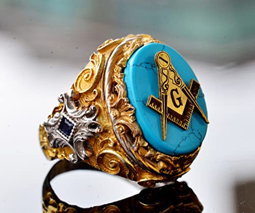KAMBO Natural Turquoise Gemstone Men's Masonic Ring, Handcrafted 925 Sterling Silver with Intricate Signet Design, Uniqu