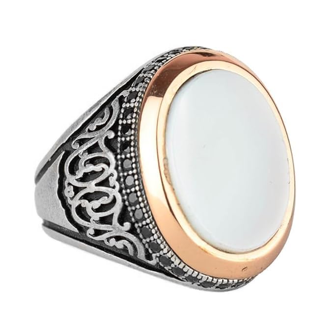 KAMBO Mother of Pearl Ring, Natural Pearl Stone Silver, 925 Sterling Silver Men's (Personalization)