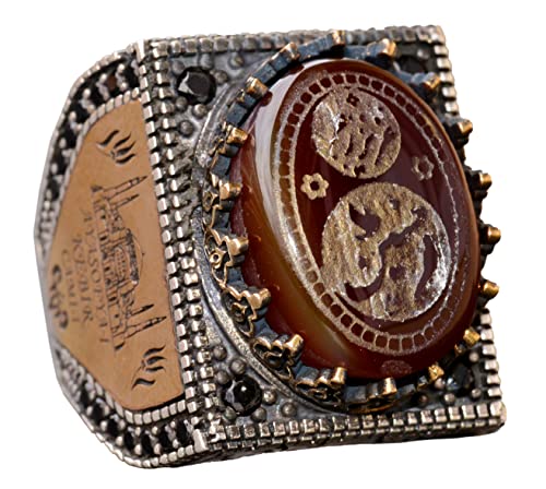 KAMBO Handmade 925 Sterling Silver Men's Ring with Natural Agate Gemstone, Islamic Engraved Art Deco Design, Vintage Rel