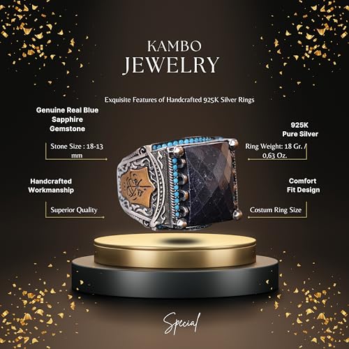 KAMBO Handmade 925 Sterling Silver Men's Blue Sapphire Rectangle Gemstone Ring, Vintage Arabic Islamic Design, Statement