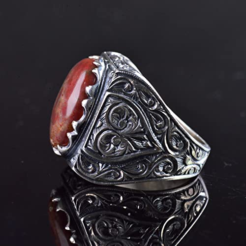 KAMBO Handmade 925 Sterling Silver Men's Bloodstone Ring with Intricate Vintage Engraved Design, Statement Gemstone Jewe