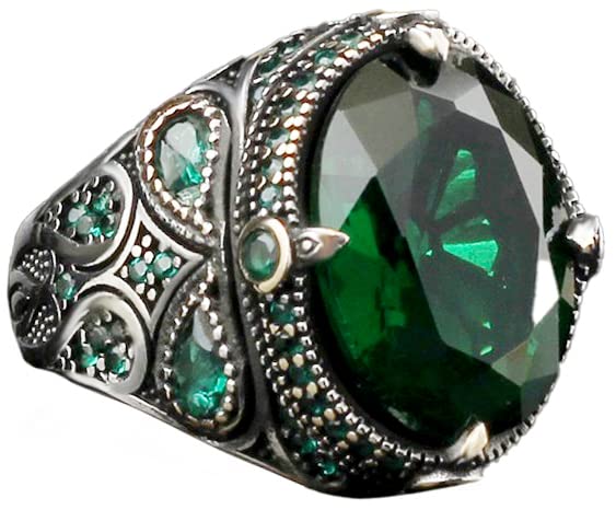 Handmade 925 Sterling Silver Men's Ring, Green Zircon Stone, Stylish Band Design, Elegant Men's Jewelry