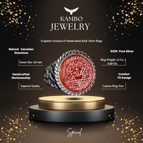 KAMBO Handcrafted Arabic Ring with Carnelian Stone, Sterling Silver Men's Ring - Solomon Star Emblem, Symbol of Courage 