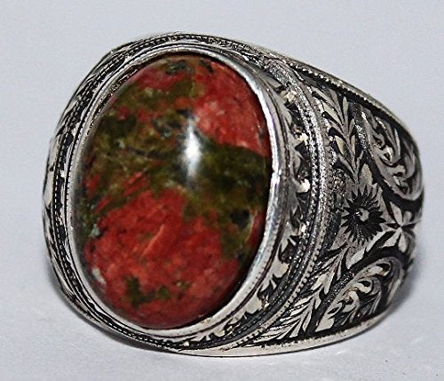 KAMBO Handmade 925 Sterling Silver Men’s Unakite Ring with Floral Art Deco Detailing – Vintage Statement Birthday Gift f