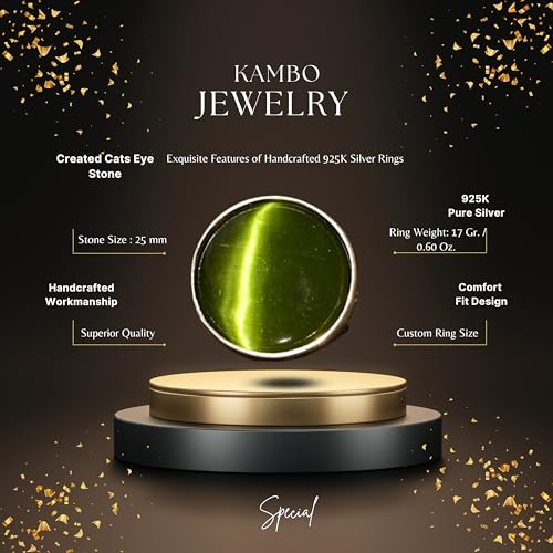 KAMBO Sterling Silver Ring with Large Round Cat's Eye Stone, Handmade 925 Sterling Silver Unisex Statement Ring, Modern 