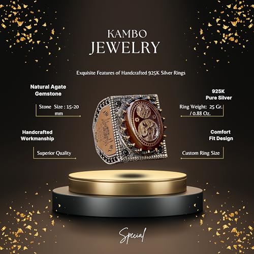 KAMBO Handmade 925 Sterling Silver Men's Ring with Natural Agate Gemstone, Islamic Engraved Art Deco Design, Vintage Rel