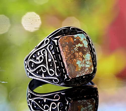 KAMBO Handmade 925 Sterling Silver Men's Ring with Real Arizona Turquoise Gemstone 6.10 Carat, Minimalist Vintage Statem