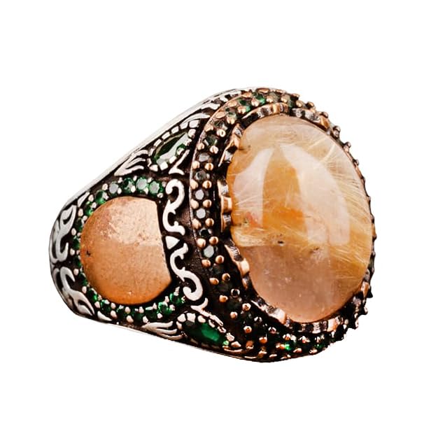 Natural Golden Rutilated Quartz Stone Ring - Silver Men's Ring