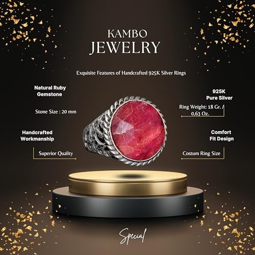 KAMBO Handmade 925 Sterling Silver Ruby Ring for Men, Genuine 19.20 Carat Red Gemstone Statement Birthstone Ring, Vintag