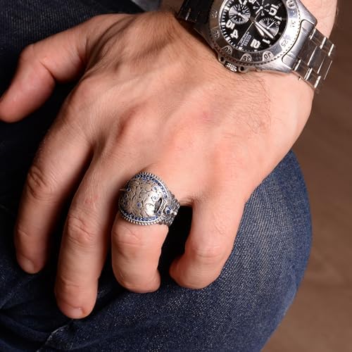 KAMBO Handmade 925 Sterling Silver Men's Ring with Created Zircon Gemstone, Vintage Shield and Sword Knight Design, Stat