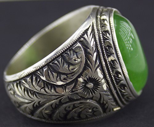 KAMBO Handmade Vintage 925 Sterling Silver Men's Ring with Natural Jade Gemstone, Byzantine Leaf and Botanical Ottoman D
