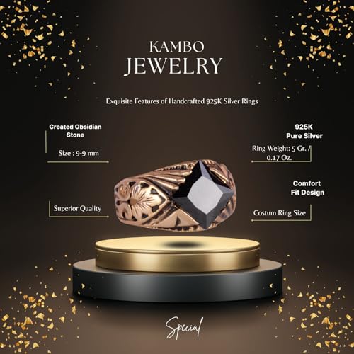 KAMBO Handmade 925 Sterling Silver Created Obsidian Ring for Men, Modern Gold Plated Statement Jewelry, Elegant Vintage 