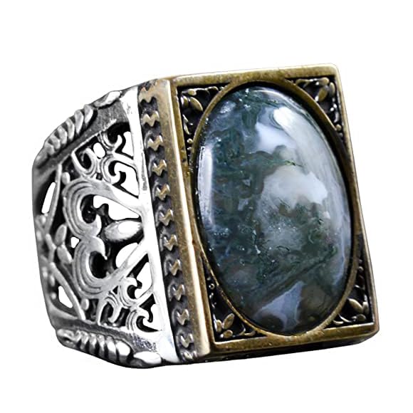 925 Sterling Silver Vintage Design Men's Ring, Natural Mossy Agate Stone