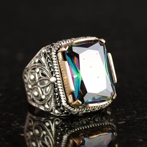KAMBO Handmade 925 Sterling Silver Men’s Ring with Created Mystic Topaz Stone, Modern Statement Design, Vintage Style, C