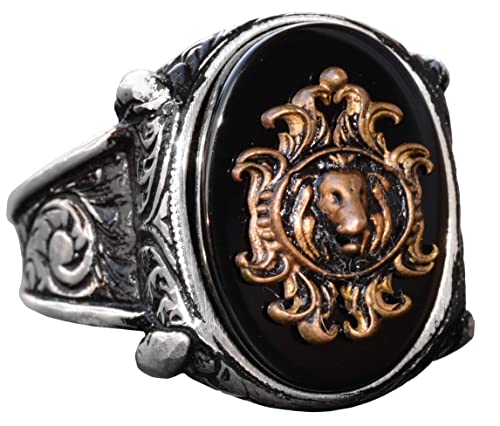 Handcrafted 925 Sterling Silver Men's Ring with Lion Head Symbol and Created Onyx Stone, Unique Bold Design