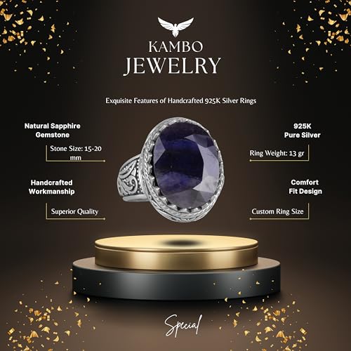 KAMBO Handmade 925 Sterling Silver Men's Blue Sapphire Ring - Minimalist Loyalty and Wisdom Design - Natural Stone Vinta