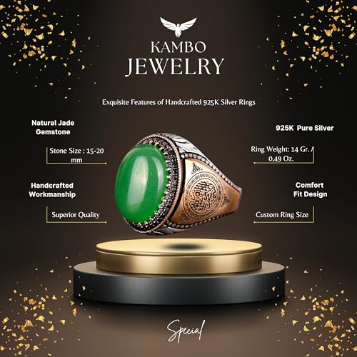 KAMBO Handmade 925 Sterling Silver Men's Ring with Natural Green Jade Gemstone, Islamic Vintage Design, Statement Jewelr