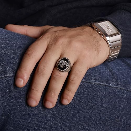 KAMBO Handmade 925 Sterling Silver Men's Ring with Obsidian Stone and Double Headed Eagle Emblem - Vintage Byzantium Sty