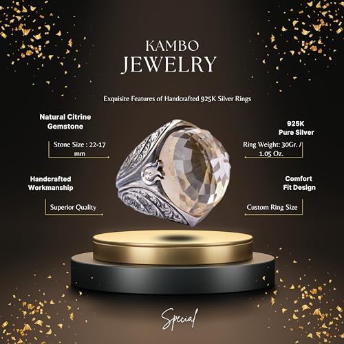 KAMBO Handmade Men's Sterling Silver Ring with Natural Citrine Gemstone, Vintage Statement Jewelry, 925 Sterling Silver 