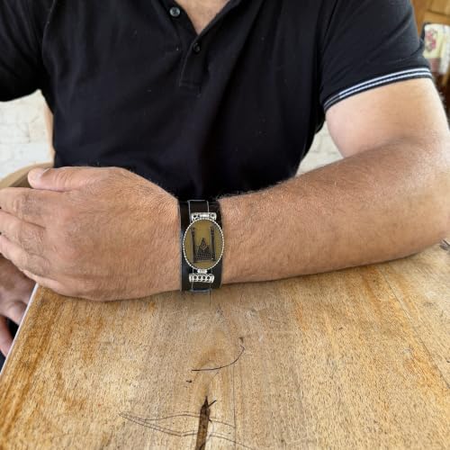 KAMBO Genuine Leather Cuff Bracelet for Men, Masonic Emblem Medallion in 925 Sterling Silver Frame, Handmade Wide Wristb