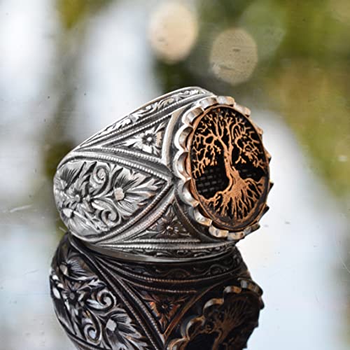 925 Solid Sterling Silver Ring - Round Silver Men's Ring - Signet Rings (Tree of Life)