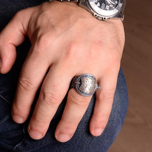 KAMBO Handmade 925 Sterling Silver Men's Ring with Created Zircon Gemstone, Vintage Shield and Sword Knight Design, Stat