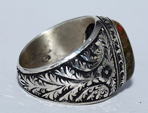 KAMBO Handmade 925 Sterling Silver Men’s Unakite Ring with Floral Art Deco Detailing – Vintage Statement Birthday Gift f